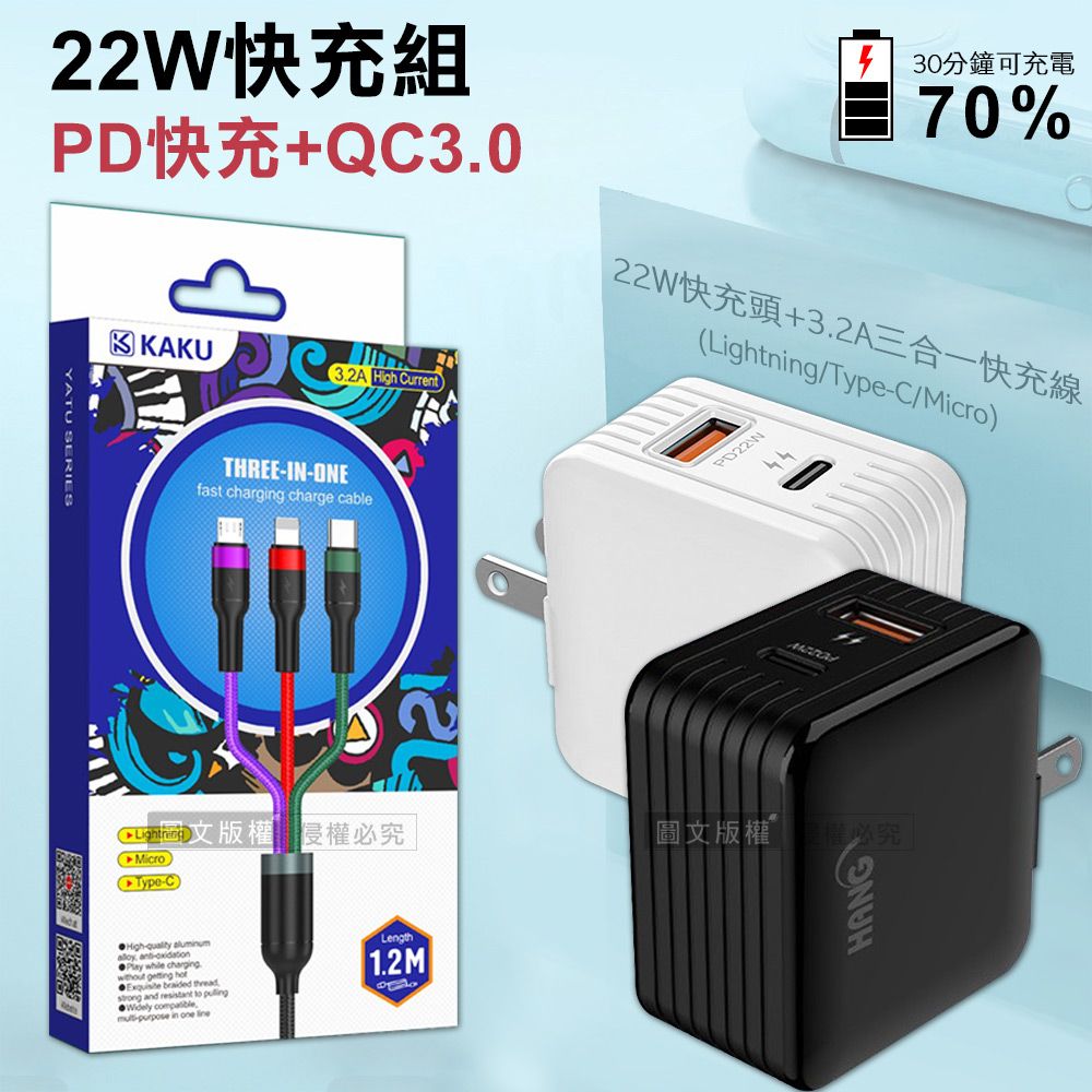 HANG  22W PD+QC3.0雙孔旅充頭+3.2A三合一抗彎折鋁合金快速充電線(1.2M)