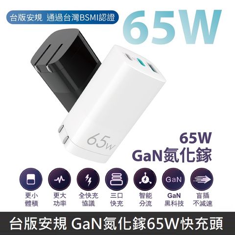 【通過台灣BSMI認證+七種國際認證】台版安規 GaN氮化鎵 65W快充 智能充電器 智能極速快充頭 三孔電源供應器 支援筆電快充【本商品保固24個月 / 詳情請見保固辦法】