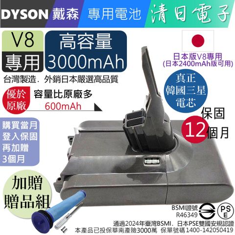 清日電子 日本版V8 SV10 3000mAh 日本V8系列2400mAh版吸塵器電池可用 Absolute Fluffy