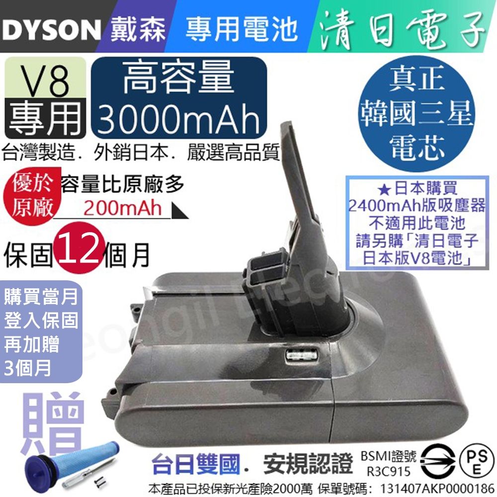 清日電子〕戴森DYSON V8 SV10 3000mAh 吸塵器電池適用V8 系列Absolute