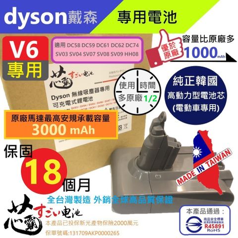 【芯霸電池】戴森 Dyson V6 DC58 DC59 DC61 DC62 DC74 SV03 SV04 SV07 SV08 SV09 HH08 / 3000mAh
