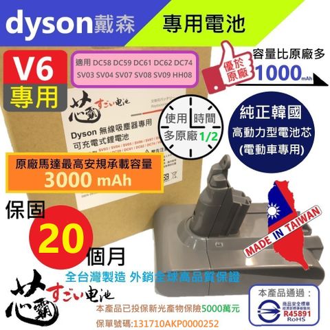 Dyson 戴森 【芯霸電池】  V6 DC58 DC59 DC61 DC62 DC74 SV03 SV04 SV07 SV08 SV09 HH08 / 3000mAh