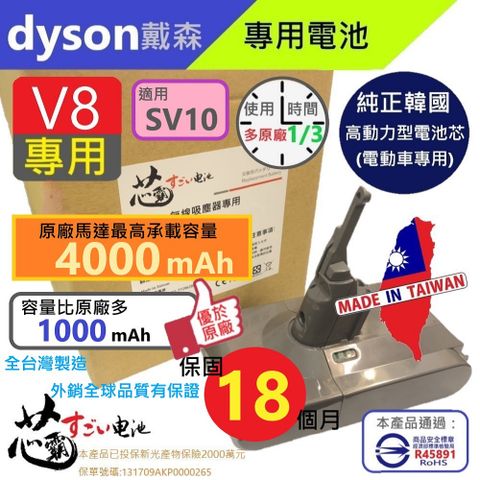 【芯霸電池】戴森 Dyson V8．SV10｜4000mAh 臺灣製造 充電電池