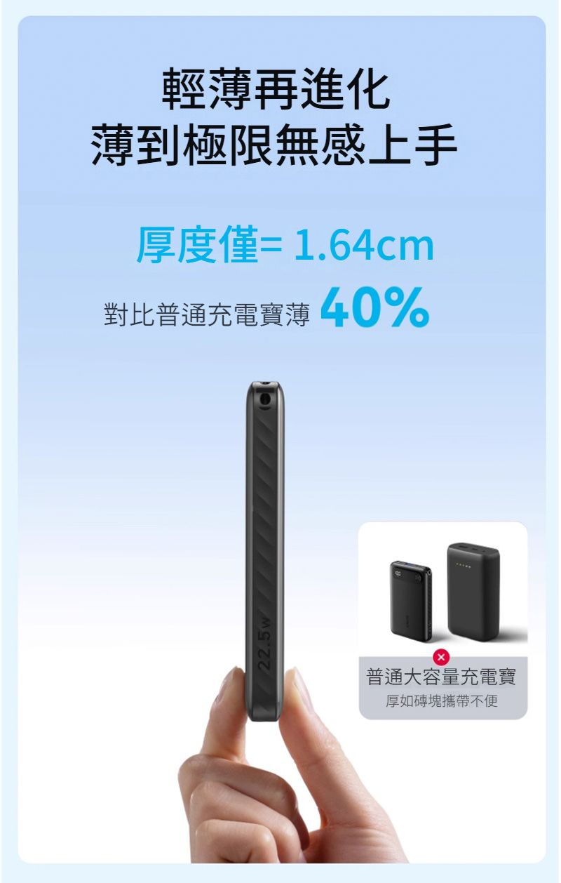 輕薄再進化薄到極限無感上手厚度僅=1.64cm對比普通充電寶薄 40%普通大容量充電寶厚如磚塊攜帶不便