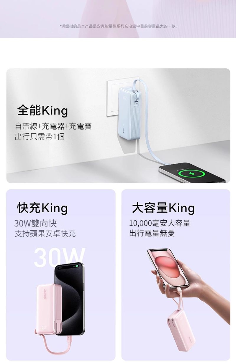 *满级指的是本产品是安克能量棒系列充电宝中目前容量最大的一款。全能King自帶線+充電器+充電寶出行只需帶1個快充King雙向快支持蘋果安卓快充30W大容量King10,000毫安大容量出行電量無憂