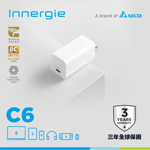 台達 Innergie C6 (GaN 摺疊版) 60瓦 USB-C 萬用充電器(無塑包裝)手機平板筆電PD快充