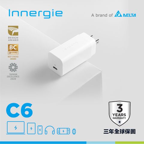 台達 Innergie C6 (GaN 轉換版) 60瓦 USB-C 萬用充電器(無塑包裝)手機平版筆電PD快充