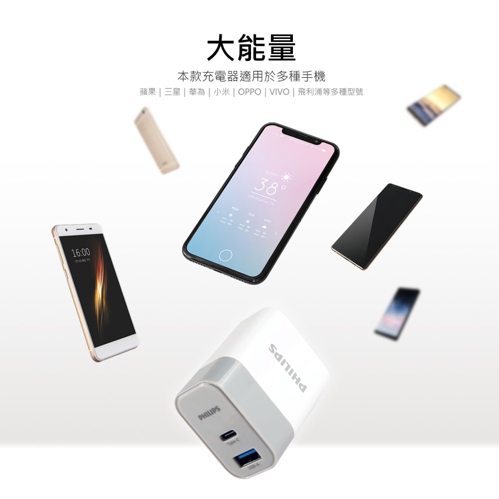 PHILIPS 飛利浦 PD+QC Type-C USB 18W雙孔充電器DLP4320C 支援iOS/Android雙系統快充