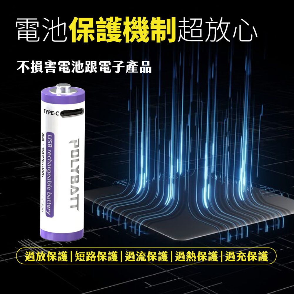 POLYBATT  3號AA USB充電式電池 2475mWh 充電鋰電池(附一對四充電線)