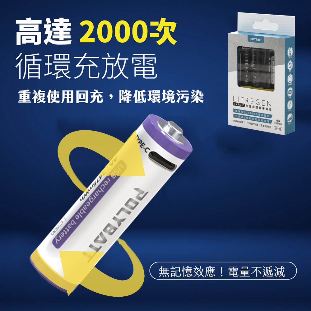 POLYBATT  3號AA USB充電式電池 2475mWh 充電鋰電池(附一對四充電線)