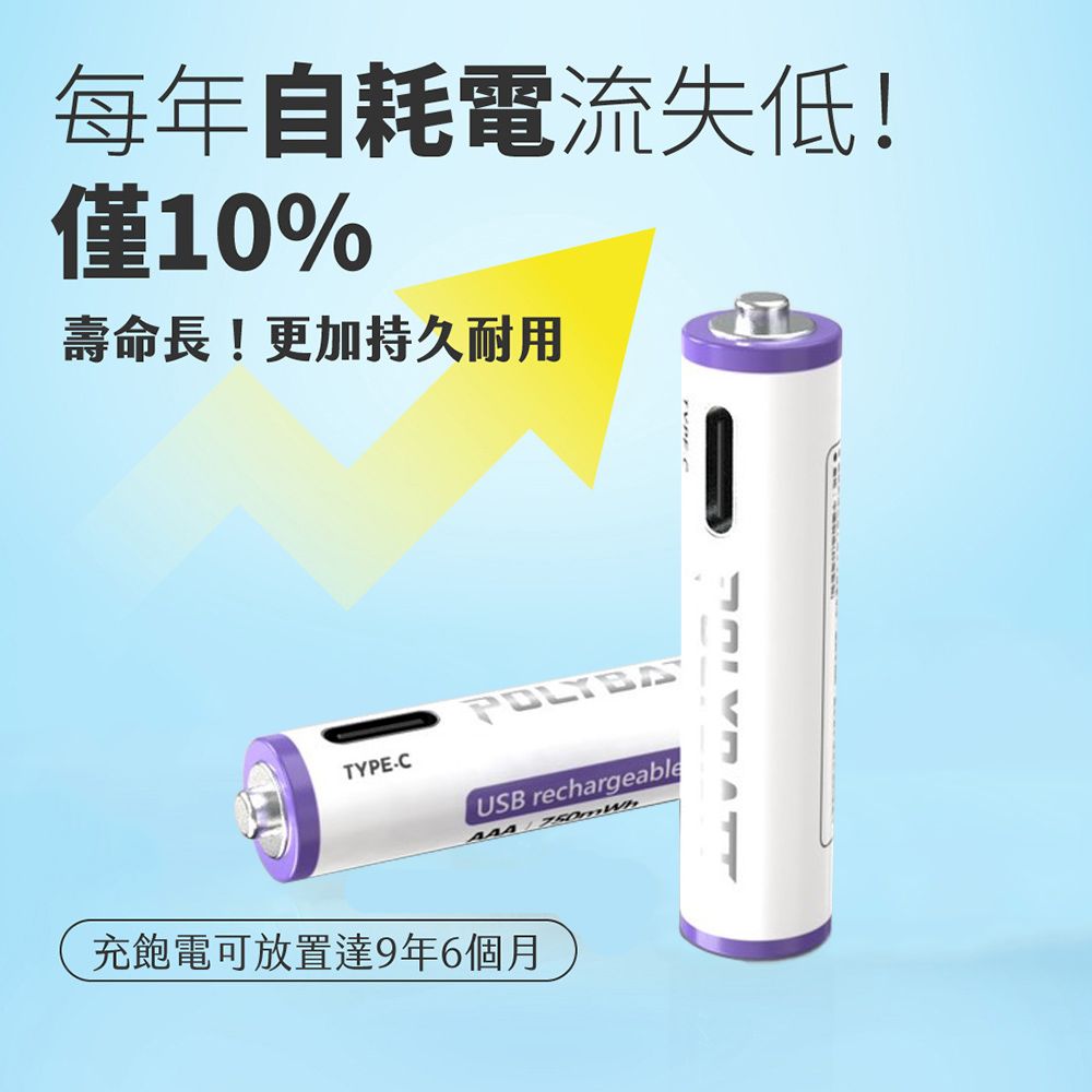 POLYBATT  4號AAA USB充電式電池 750mWh 充電鋰電池(附一對四充電線)