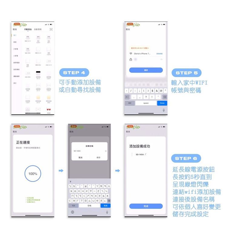 STEP 4可手動添加正在連接100%或自動尋找設備設備名稱保存叫ㄗㄕㄘㄤ   7STEP 輸入家中WIFI帳號與密碼添加設備成功完成STEP 延長線電源按鈕長按約5秒直到呈現綠燈閃爍連結wifi添加設備連接後設備名稱可依個人喜好變更儲存完成設定