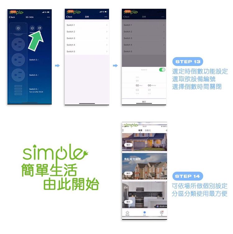 GD-  1 2 2  3  4Switch Switch Switch 3Switch 4Switch 簡單生活由此開始simple魚缸STEP 13時倒數功能設選取欲設備編號02-選擇倒數時間關閉定 SSTEP 14可依場所做個別設定分區分類使用最方便