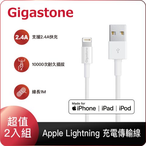 Gigastone 立達 USB to Lightning 1M 充電傳輸線 二入組(MFi認證) (支援 iPhone 14/13/12/11充電)