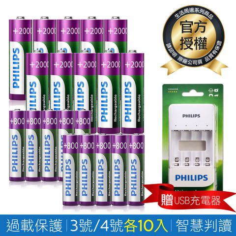 【PHILIPS】低自放鎳氫充電電池3號10入+4號10入(贈USB智慧型充電器)