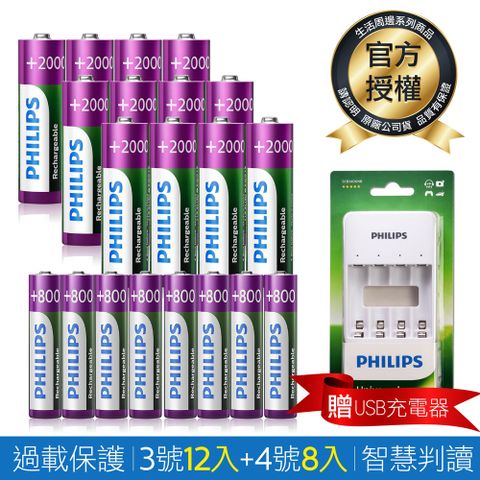 【PHILIPS】低自放鎳氫充電電池3號12入+4號8入(贈USB智慧型充電器)