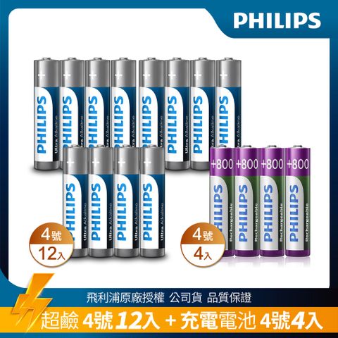 【PHILIPS】低自放鎳氫充電電池 AAA 4號(800mAh)4入+超鹼4號12入