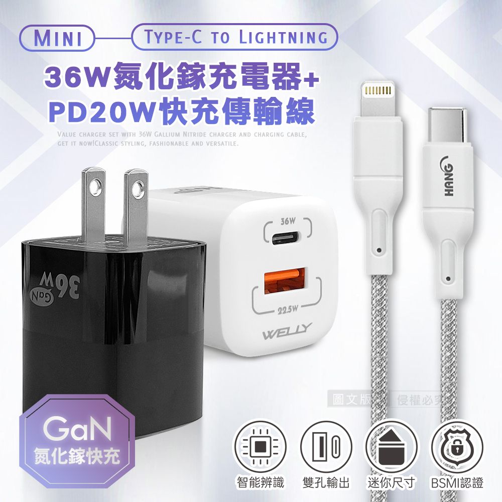 WELLY 威力 【超速組合】 36W氮化鎵GaN 雙孔充電器+ 