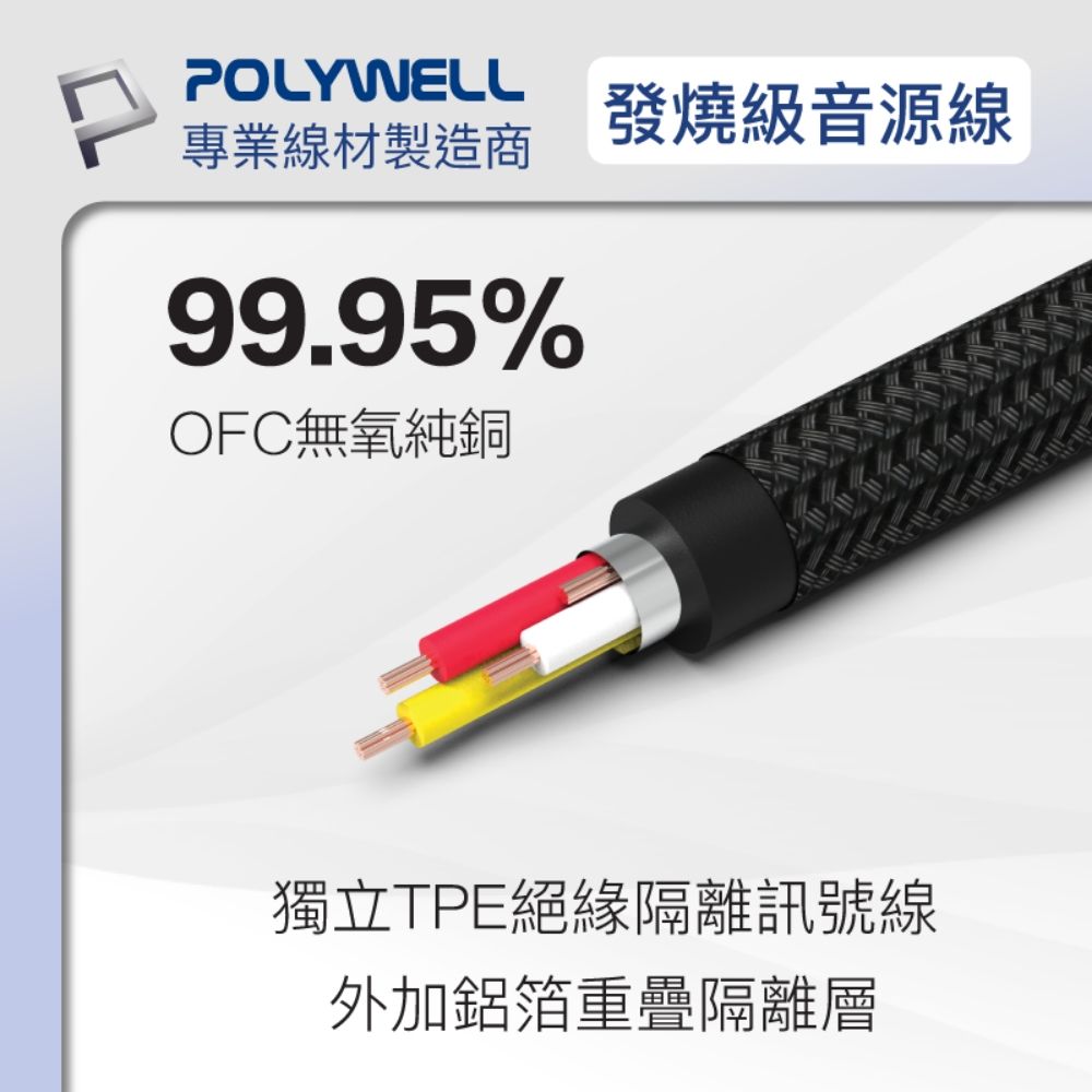 POLYWELL發燒級音源線專業線材製造商99.95%OFC無氧純銅獨立TPE絕緣隔離訊號線外加鋁箔重疊隔離層