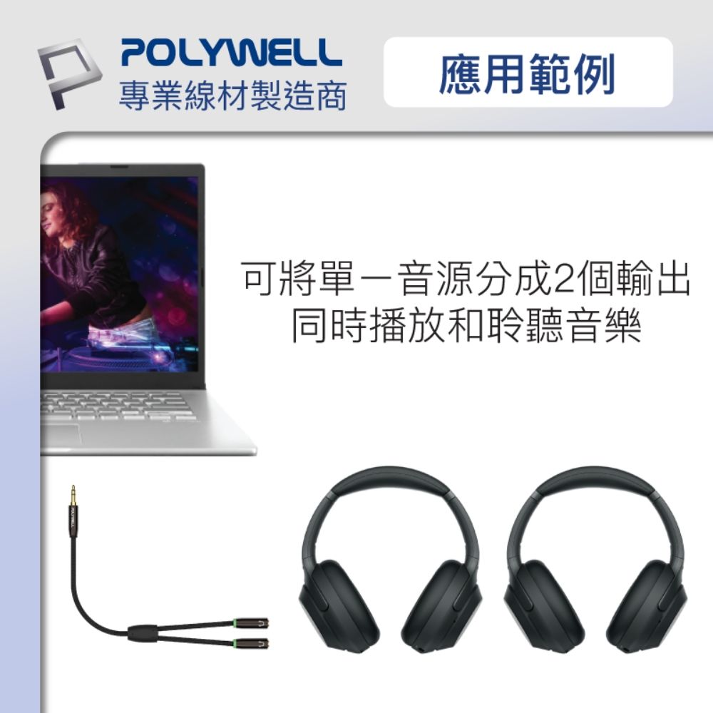 POLYWELL應用範例專業線材製造商可將單-音源分成2個輸出同時播放和聆聽音樂