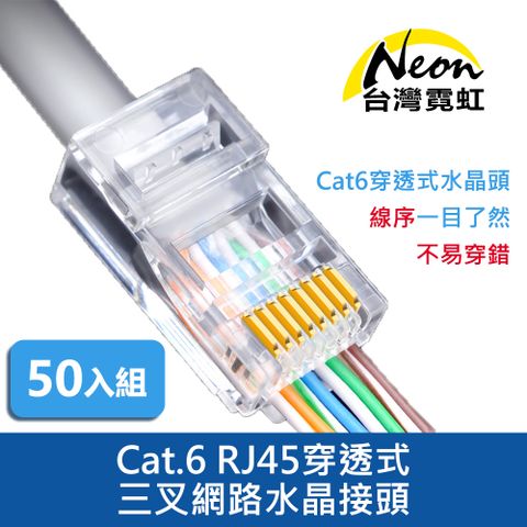 台灣霓虹 Cat.6 RJ45穿透式三叉網路水晶接頭50入