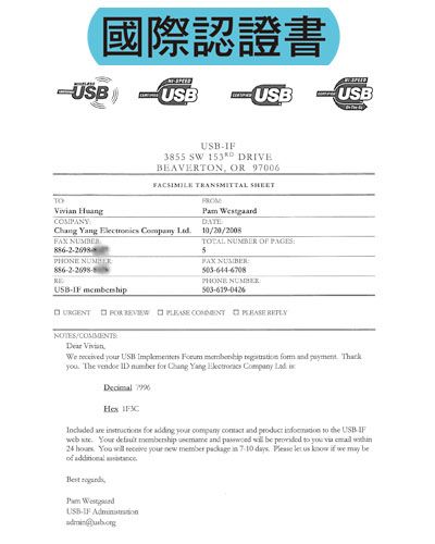 國際認證書USB385 SW  DRIVEBEAVERTO, OR 97006FACSIMILE TRANSMITTAL  1020/2008  Yang    88622698 NUSB- TOTAL  OF 5  NUMBER      NOTES/COMMENTS    USB         The     Chang Yang        for addg         USB       and      you     You   your new member  in  days   us     be  USB-
