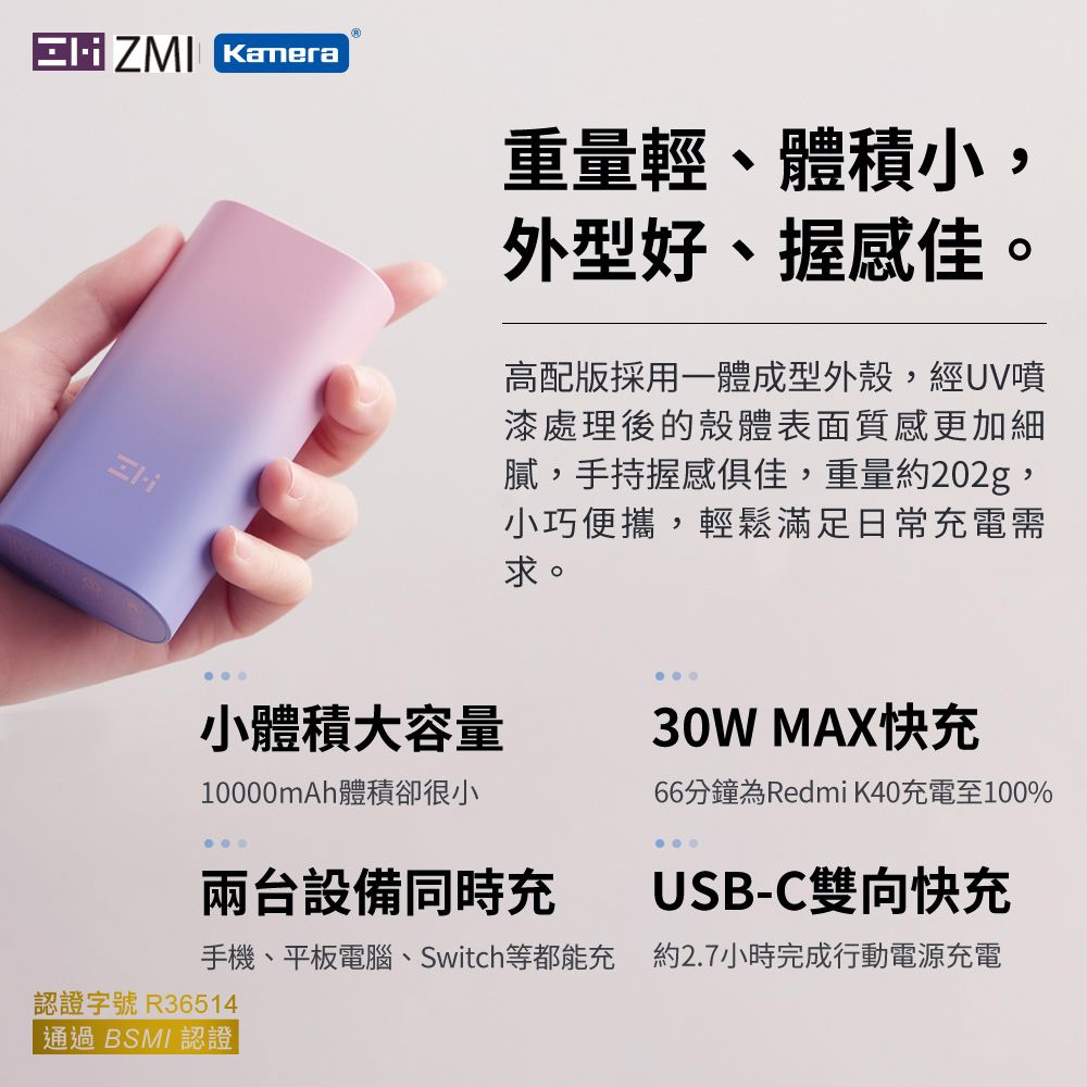 ZMI PD QC USB-C 雙向快充 Mini 行動電源 10000mAh 30W QB818 二孔輸出 大容量