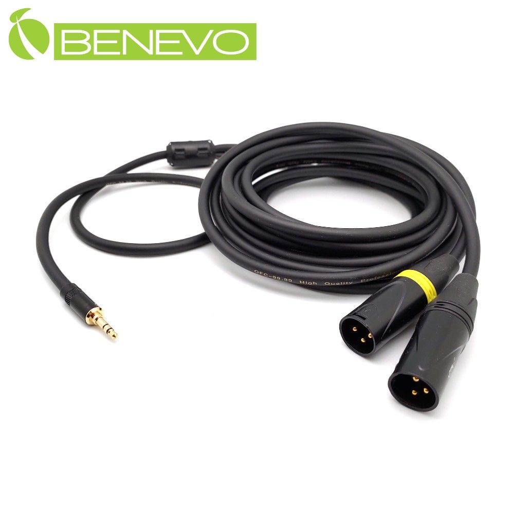 Benevo 加長型 3米 3.5mm立體聲公頭轉雙XLR(Cannon接頭)公頭 音訊連接線 (BAU03013MXM2黑)