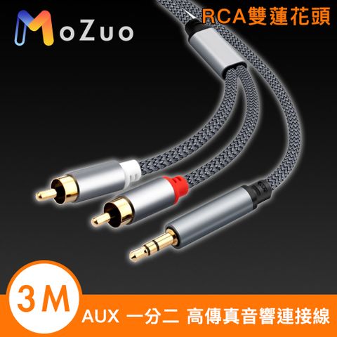 MoZuo 魔宙 AUX 一分二 RCA雙蓮花頭高傳真音響連接線 銀灰 3M