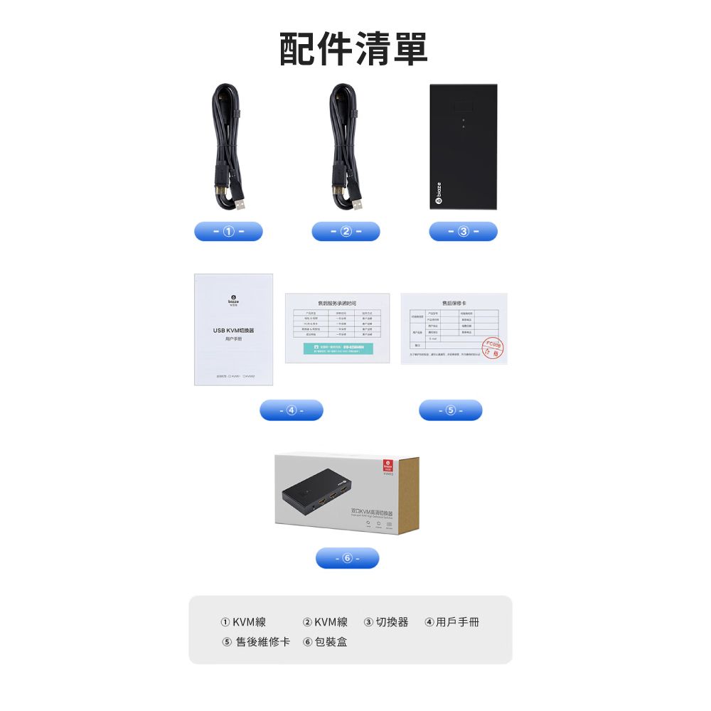 USB KVM切换器配件清單时间 KVM線② KVM線 ③ 切換器 ④用戶手冊 售後維修卡 ⑥包裝盒