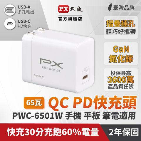 【PX大通】65W 氮化鎵GaN 快速充電器-白支援 手機/iPhone13/iPad/平板/Mac/Switch/筆電Type-C PD3.0 / QC3.0蘋果/安卓通用