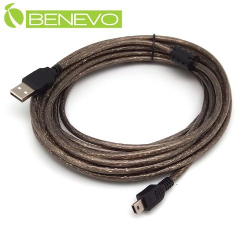 Benevo 專業級 5米 USB2.0 A公-Mini B公 訊號連接線採128編金屬編織與磁環 (BUSB0501AMMBM)