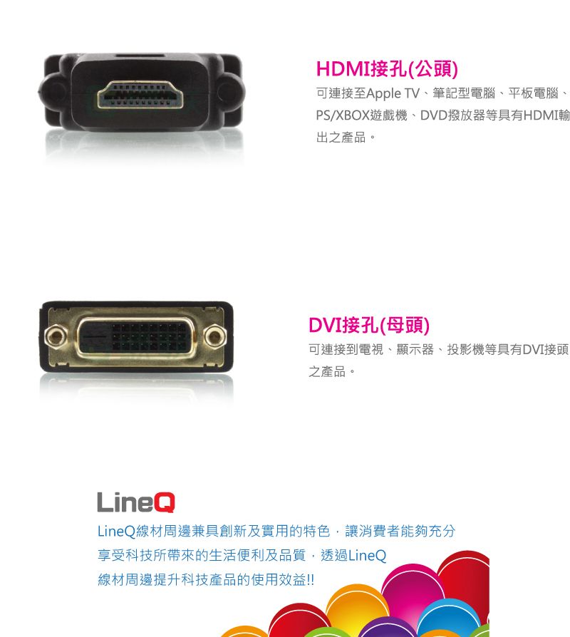 HDMI接孔(公頭)可連接至Apple TV筆記型電腦、平板電腦、PS/XBOX遊戲機、DVD撥放器等具有HDMI輸出之產品。DVI接孔(母頭)可連接到電視、顯示器、投影機等具有DVI接頭之產品。LineQLineQ線材周邊兼具創新及實用的特色,讓消費者能夠充分享受科技所帶來的生活便利及品質,透過LineQ線材周邊提升科技產品的使用效益!!