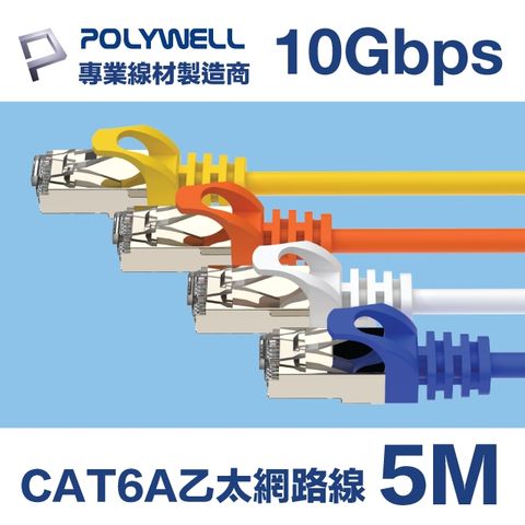 POLYWELL CAT6A 10Gbps 高速乙太網路線 5M 適合2.5G/5G/10G網卡, 網路交換器, NAS伺服器