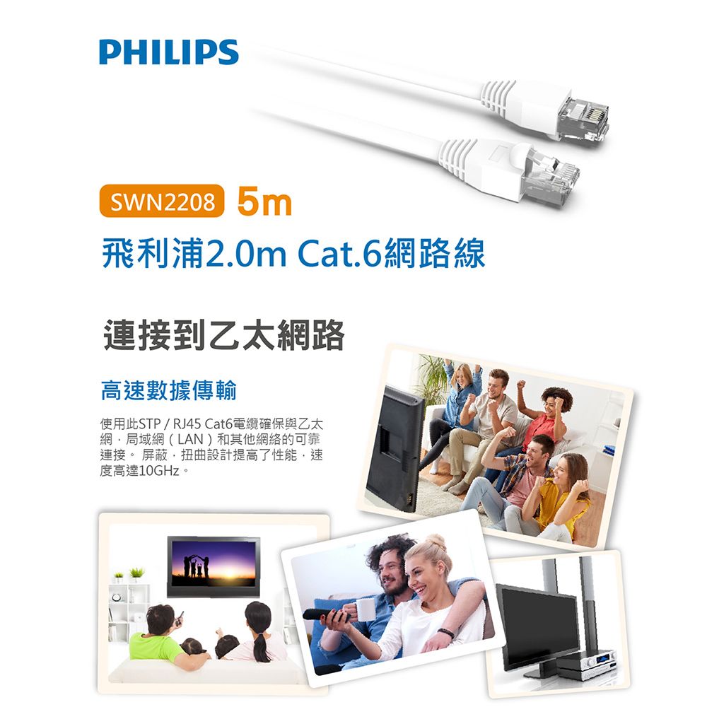 PHILIPS 飛利浦  5.0m Cat 6 網路線-兩入組 SWN2208G/10-2