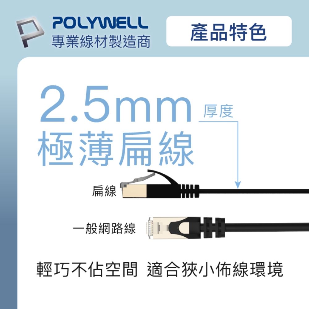 POLYWELL 寶利威爾 CAT6A 高速網路扁線 /5M