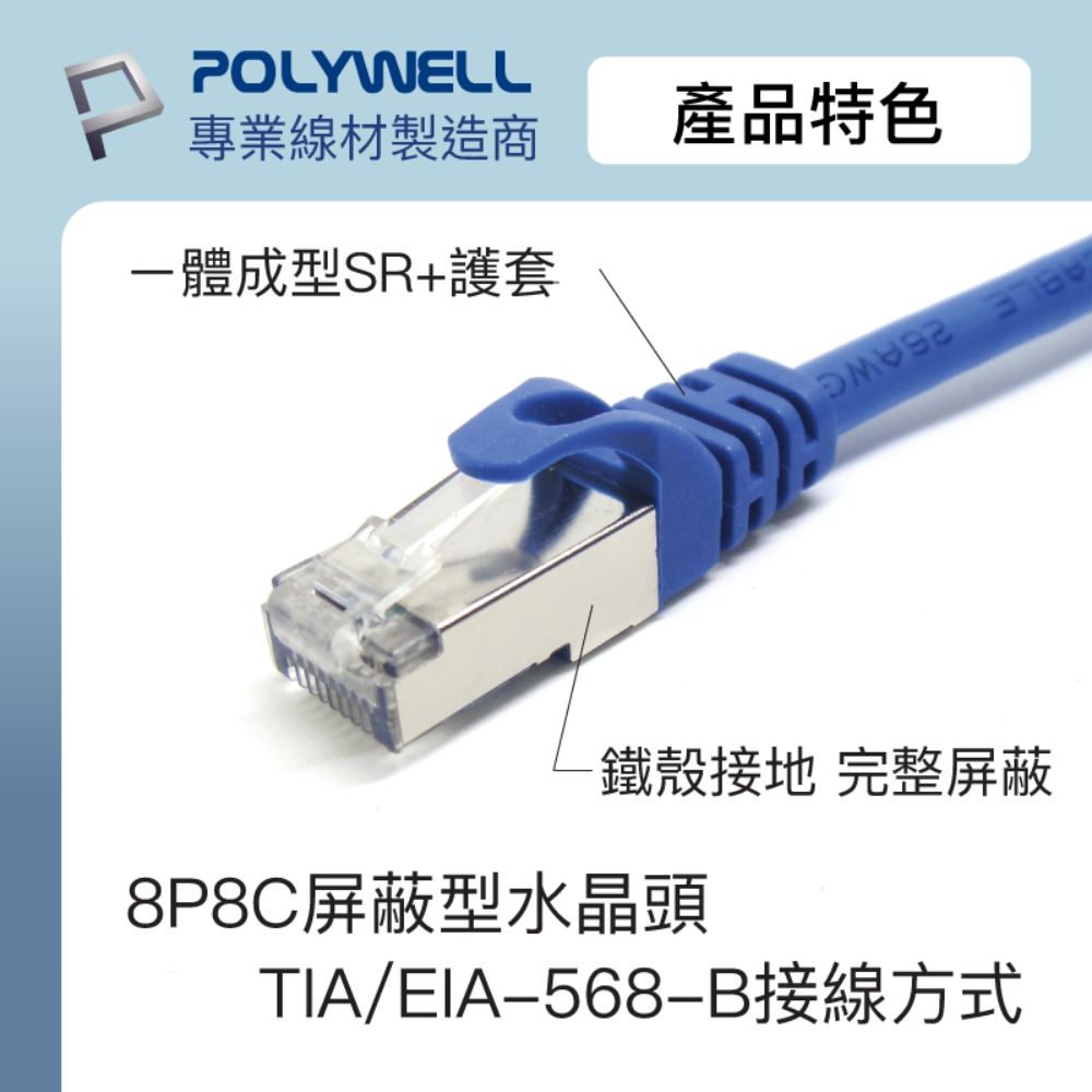 POLYWELL 寶利威爾 CAT6A 高速乙太網路線 S/FTP 10Gbps/ 20M