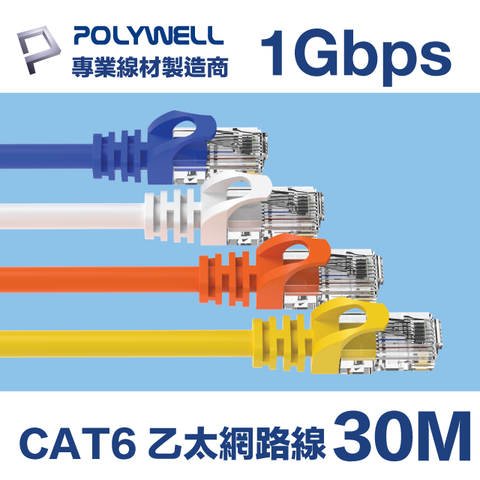 POLYWELL CAT6 Gigabit 網路線 30M 支援1000M Base-T 適合ADSL/MOD/Giga網路交換器 無線路由器