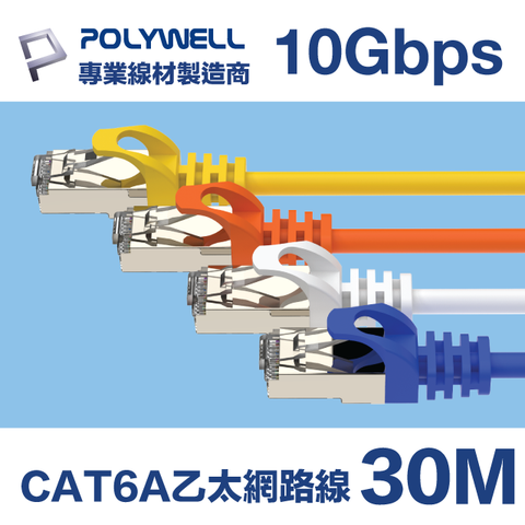 POLYWELL CAT6A 10Gbps 高速乙太網路線 30M 適合2.5G/5G/10G網卡, 網路交換器, NAS伺服器