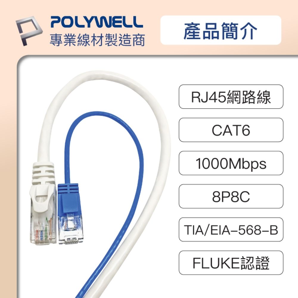 POLYWELL 寶利威爾 CAT6 極細高速網路線 /2M /白色/藍色