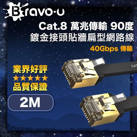 Bravo-u Cat.8 萬兆傳輸 90度超短鍍金接頭貼牆扁型網路線 黑 2M