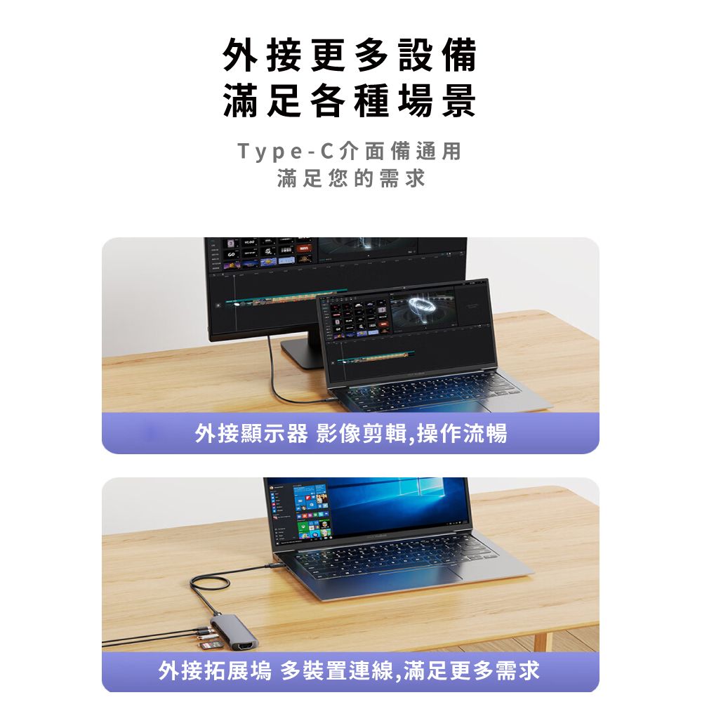 外接更多設備滿足各種場景Type-C介面備通用滿足您的需求外接顯示器 影像剪輯,操作流暢外接拓展塢 多裝置連線,滿足更多需求