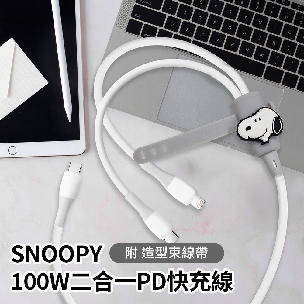 SNOOPY 史努比 Type-C to Lightning + Type-C 蘋果安卓通用 100W 二合一 PD快充線(1.3M)(附造型束線帶)