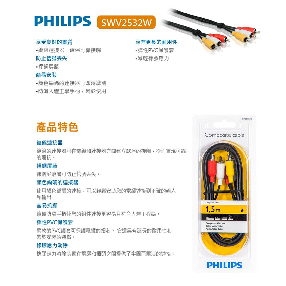 PHILIPS 飛利浦   SWV2532W/10 1.5m 2RCA/2RCA立體音源線(紅白黃)