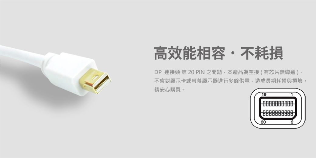 19D高效能相容不耗損DP 連接頭 第 20 PIN 之問題本產品為空接(有芯片無導通)不會對顯示卡或螢幕顯示器進行多餘供電,造成長期耗損與損壞。請安心購買。
