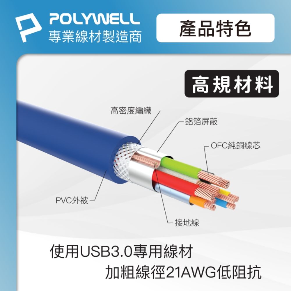 POLYWELL 寶利威爾 USB3.0 Type-A公對Micro-B公 高速傳輸線 /25公分