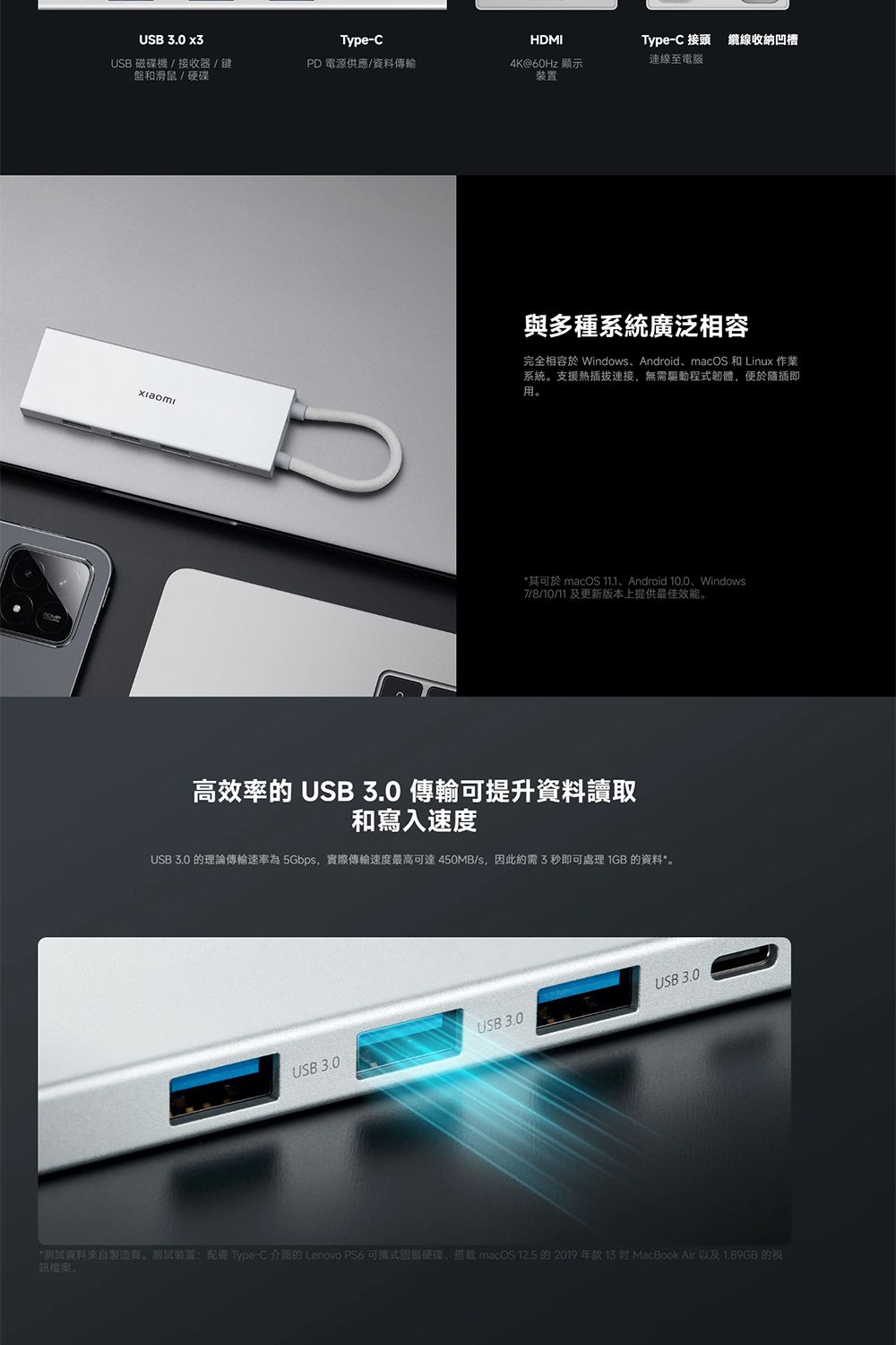 USB 3.0 x3USB 磁碟機/接收器/鍵盤和滑鼠/硬碟Type-CPD 電源供應/資料傳輸HDMIType-C 接頭纜線收納凹槽4K@60Hz 顯示連線至電腦裝置與多種系統廣泛相容完全相容於 WindowsAndroid、macOS 和 Linux 作業系統支援熱插拔連接,無需驅動程式韌體,便於隨插即其可於 macOS 、Android 10.0、Windows7/8/10/11 及更新版本上提供最佳效能高效率的 USB 3.0 傳輸可提升資料讀取和寫入速度USB 3.0 的理論傳輸速率為 5Gbps,實際傳輸速度最高可達450MB/s,因此約需3秒即可處理 1GB 的資料*。USB 3.0USB 3.0USB 3.0*測試資料來自製造。測試裝置:配備 Type-C 介面的 Lenovo PS6 可攜式固態硬碟、搭載 macOS  的 2019 年款 13 MacBook Air 以及 1.89GB 的視訊檔案。