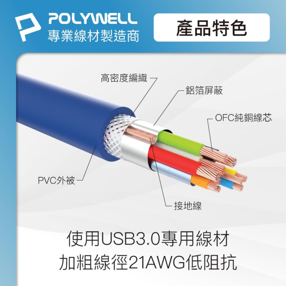 POLYWELL 寶利威爾 USB3.0 Type-A公對A母 3A高速延長線 /2M