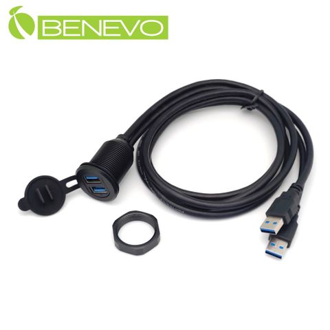 BENEVO面板型 1米 雙孔USB3.0訊號延長線 (BUSB3102AMF圓孔金屬黑)