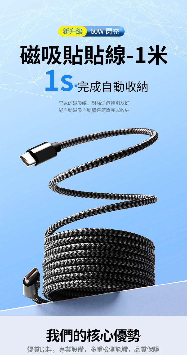 新升級 60W-閃充磁吸貼貼線-1米 自動收納罕見的磁吸線,對強迫症友好能自動磁吸自動纏繞簡單完成收納我們的核心優勢優質原料,專業設備,多重檢測認證,品質保證